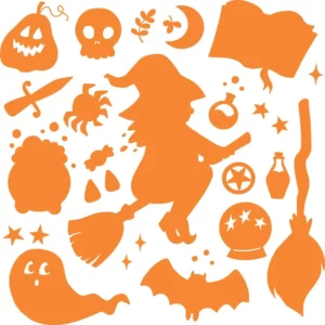 Folha de Adesivos Halloween Bruxa Laranja para Parede e Vitrine Foscauto