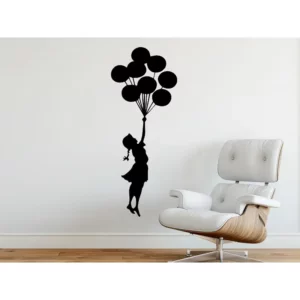 Adesivo Decorativo Menina Sonhadora Voando Com Balões Cor Preto